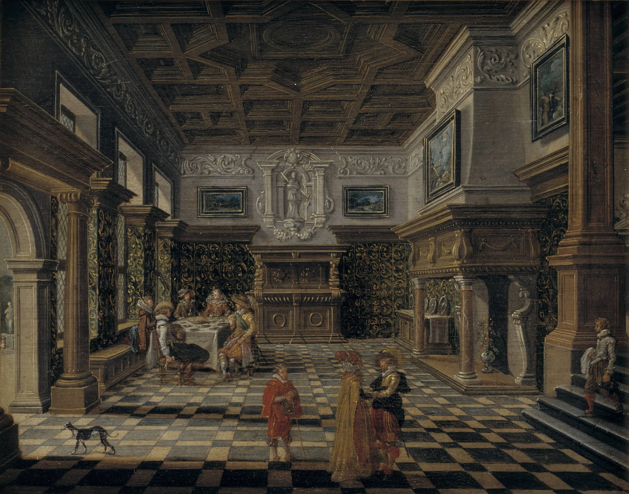 Sumptuous renaissance interior with a banquet, detail