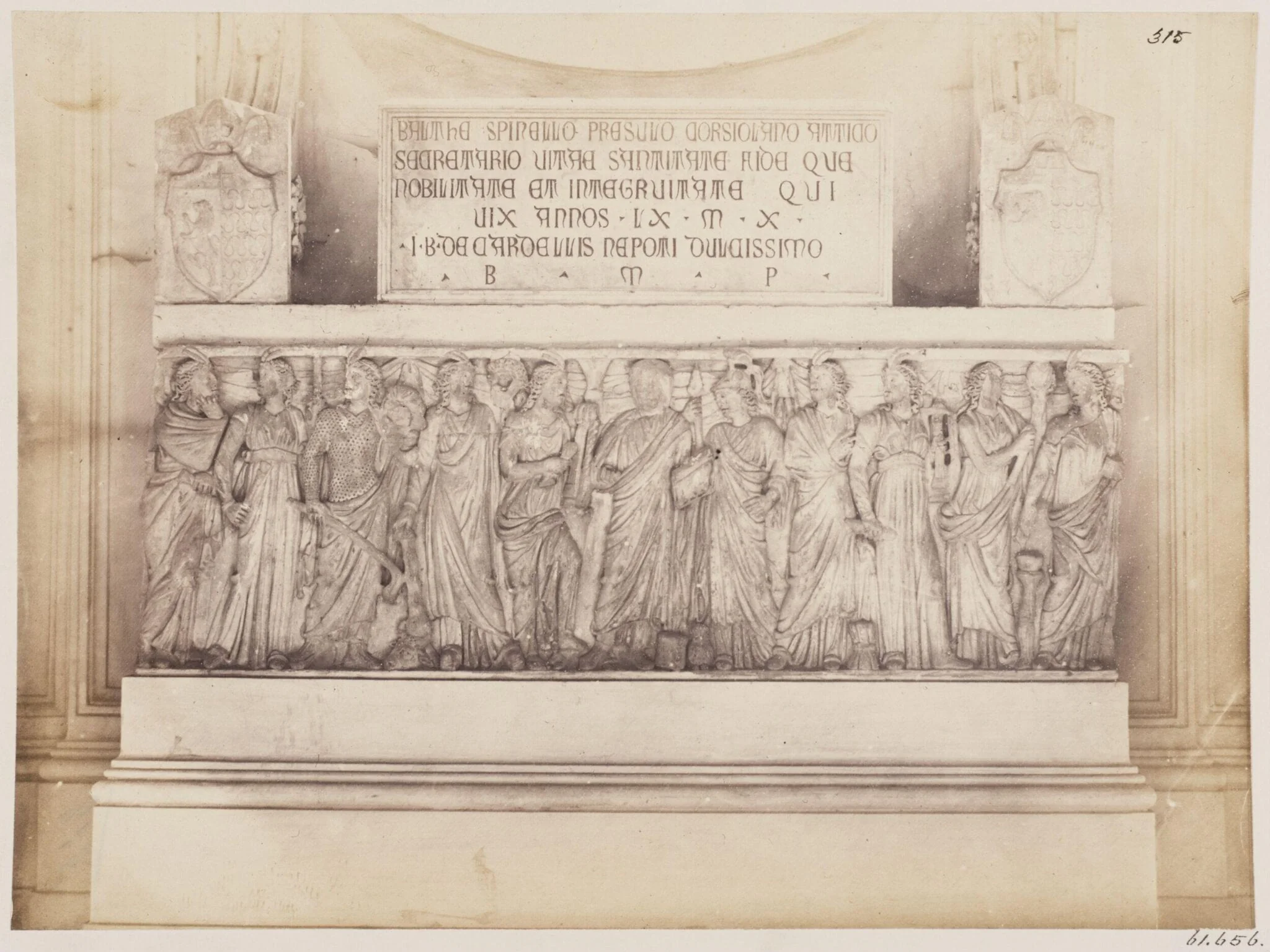 Sculptures - Sarcophagus, with a Sculpture of the third century, representing the Portrait of the deceased surrounded by Minerva and the Muses, now the Tomb of Monsignor Spinelli in the Church of the Priorato on the Aventine, detail