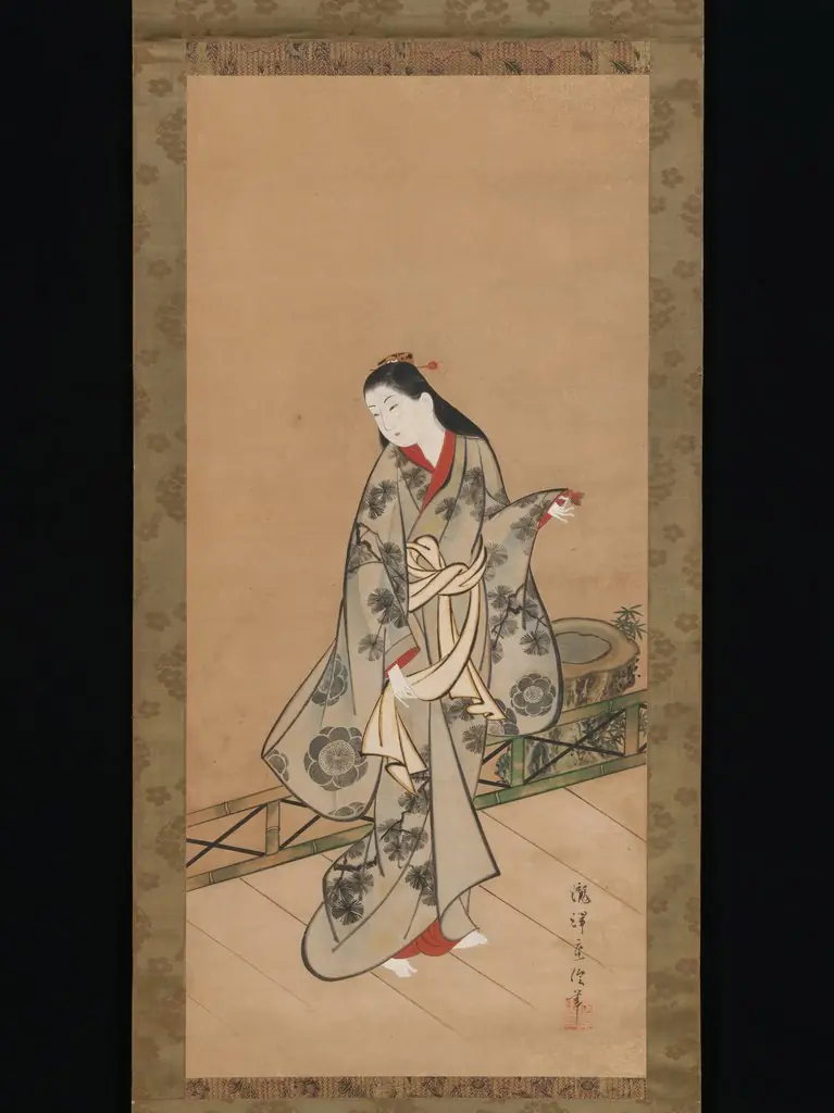Woman on Veranda, by Takizawa Shigenobu, unspecified, 1730