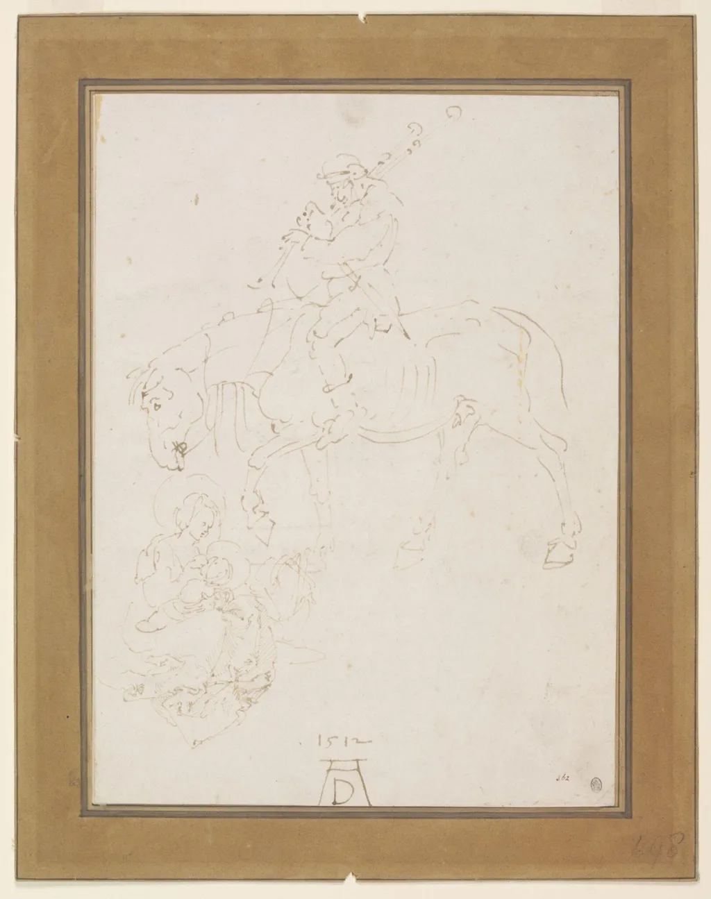 Madonna and Child with Cradle and a Bagpiper on Horseback, by Albrecht Dürer, 1512