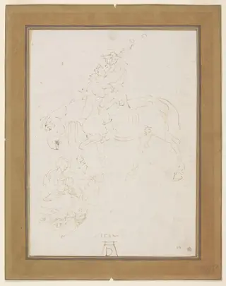 Madonna and Child with Cradle and a Bagpiper on Horseback, by Albrecht Dürer, 1512