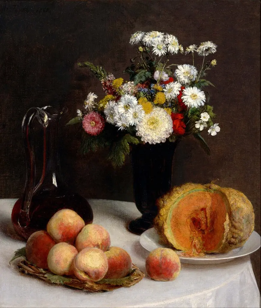 Still Life with a Carafe, Flowers and Fruit, by Henri Fantin-Latour, oil, 1865
