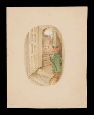 The fox following the stork up a staircase, by Beatrix Potter, watercolor, 1919