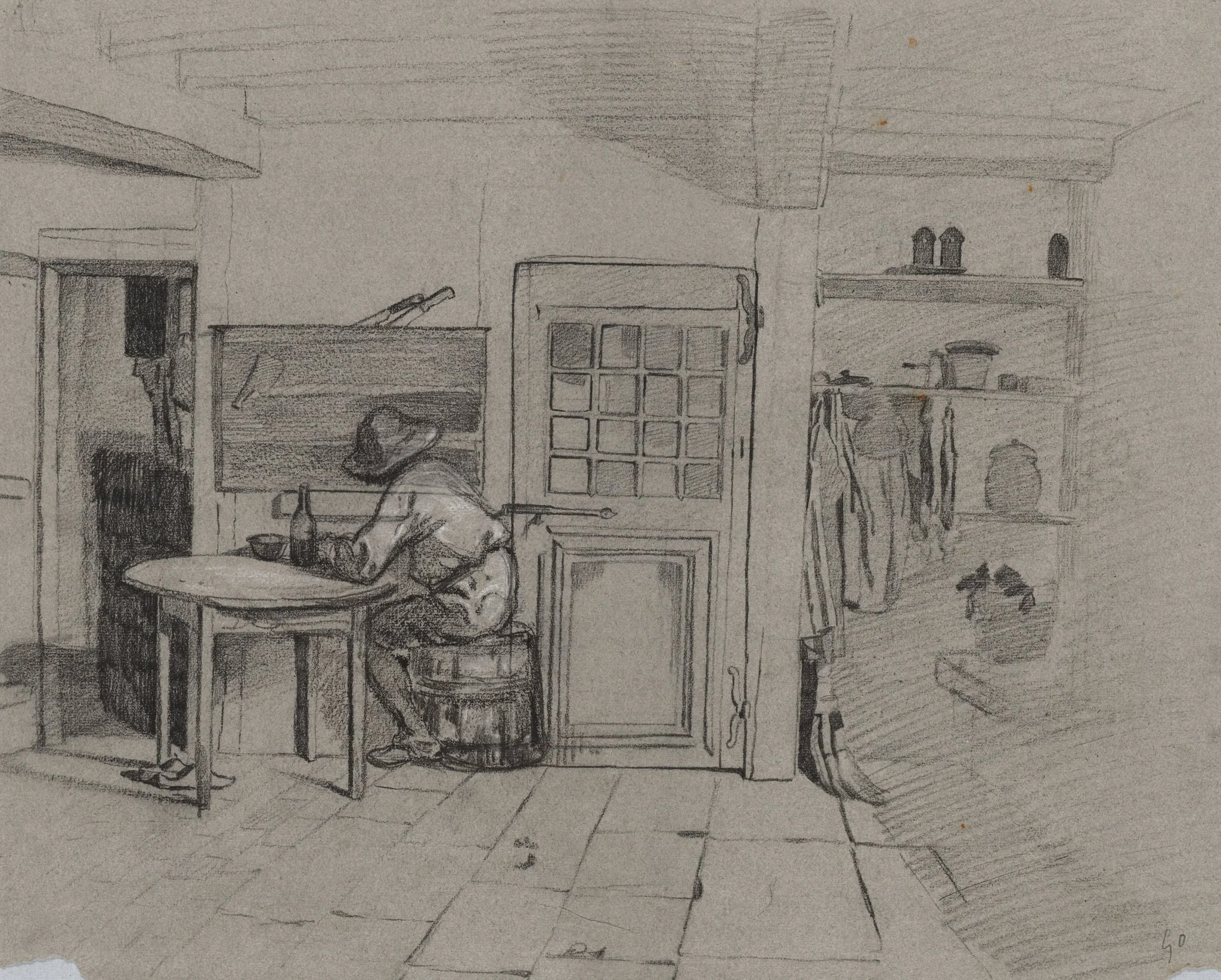 A Farmhouse Interior with a Boy at a Table, detail