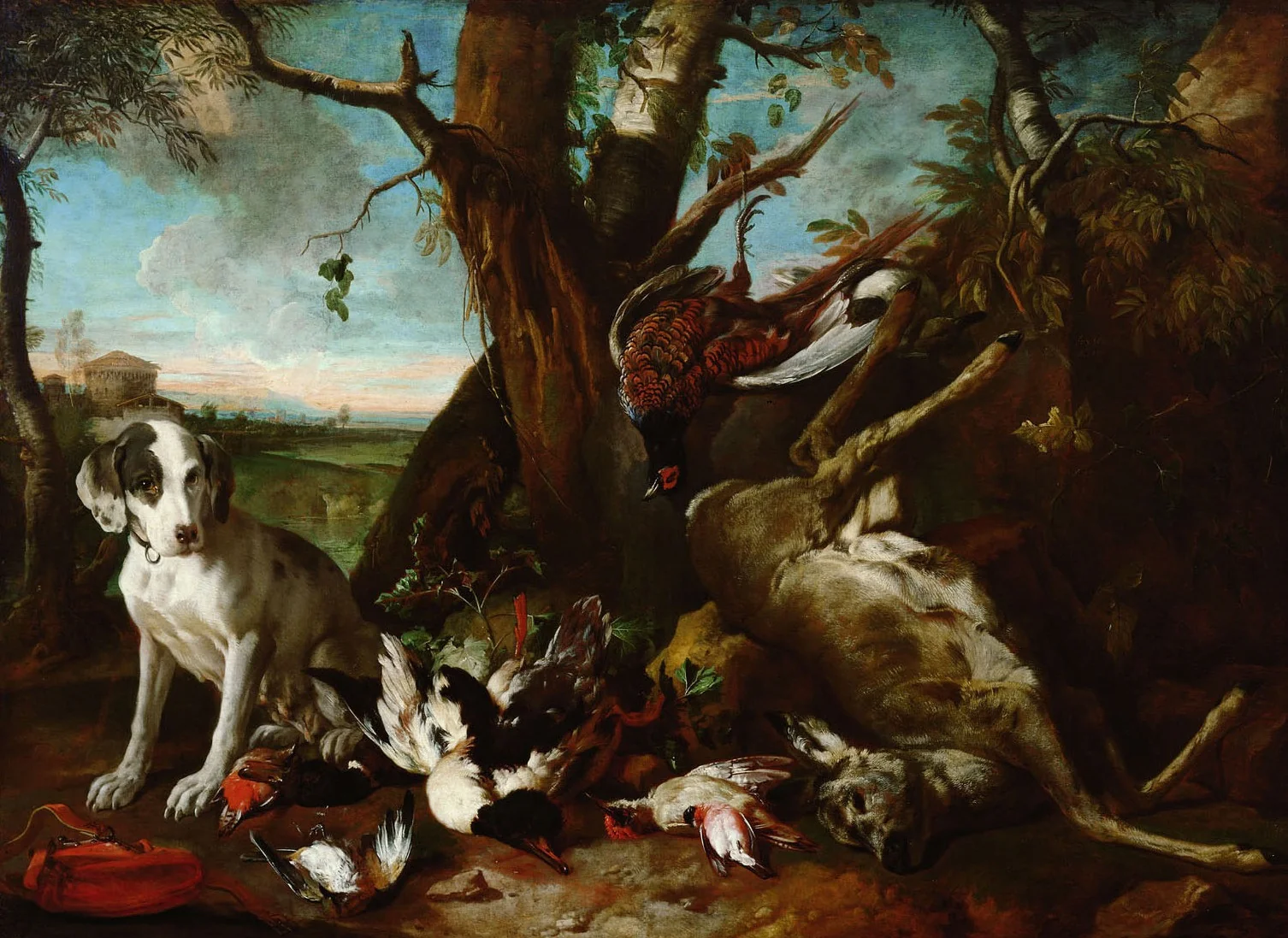 Dead wild game guarded by a hunting dog, detail