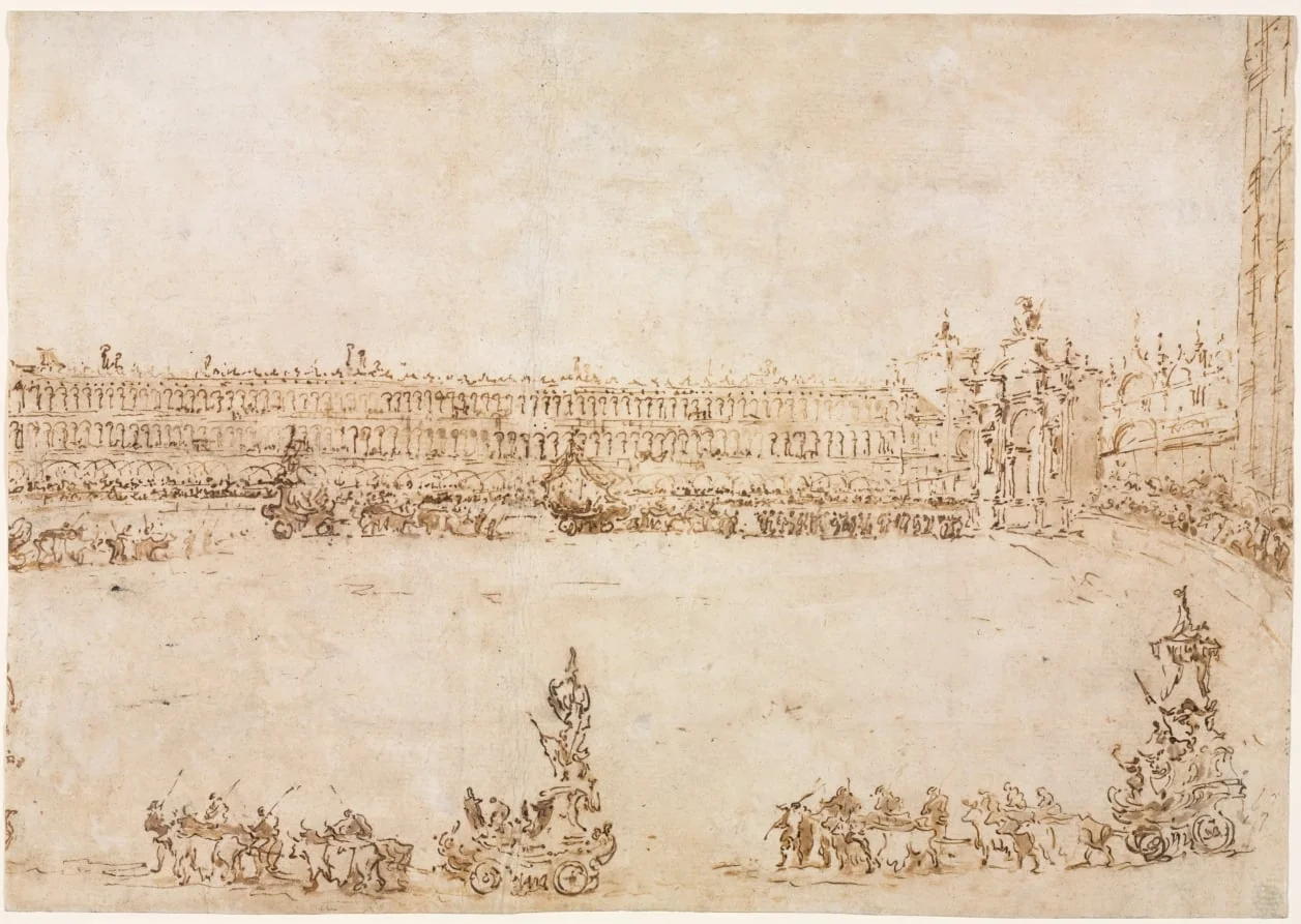 A Procession of Triumphal Cars in the Piazza San Marco, Venice, Celebrating the Visit of the Conti del Nord (recto), detail