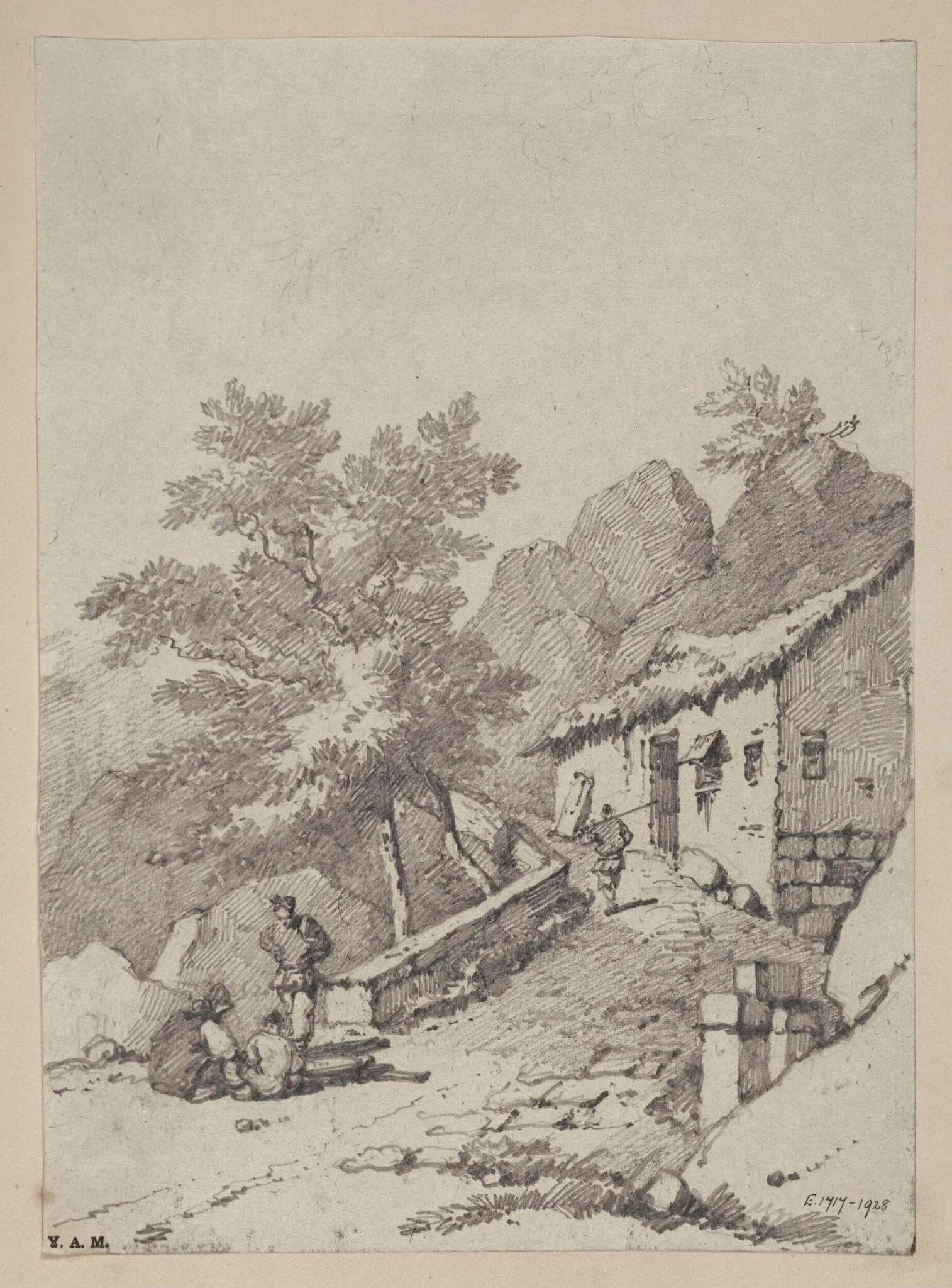 Fiigures on a path leading to a rocky summit, detail