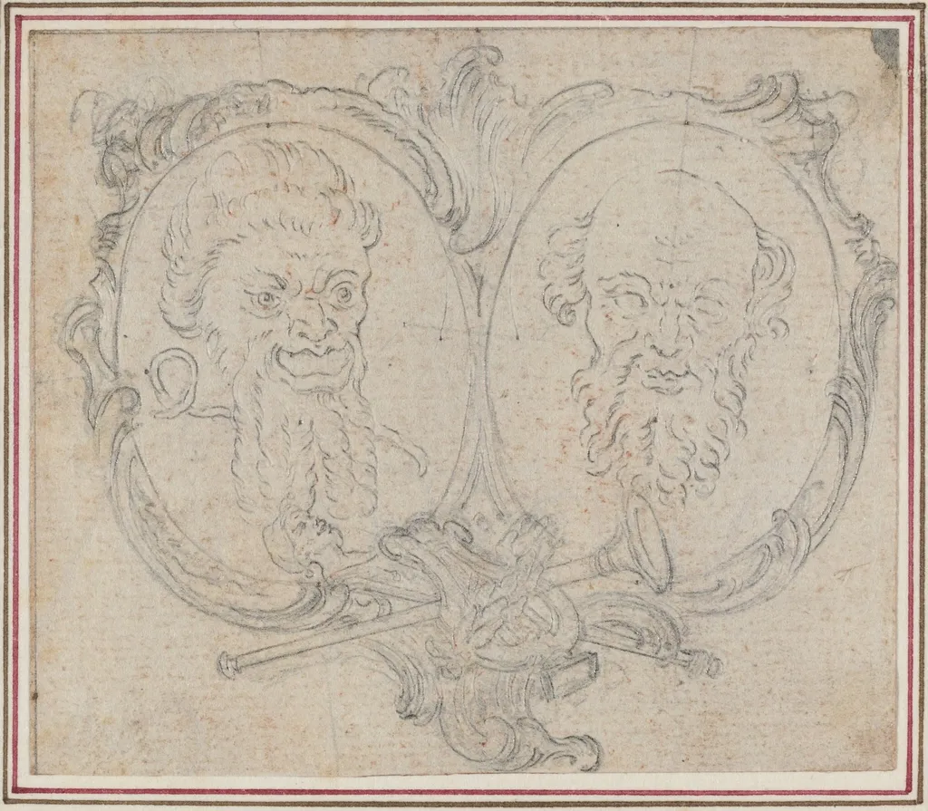Double Cartouche with Two Heads and Symbols of Fame and Folly, by Hubert François Gravelot, graphite, 1736