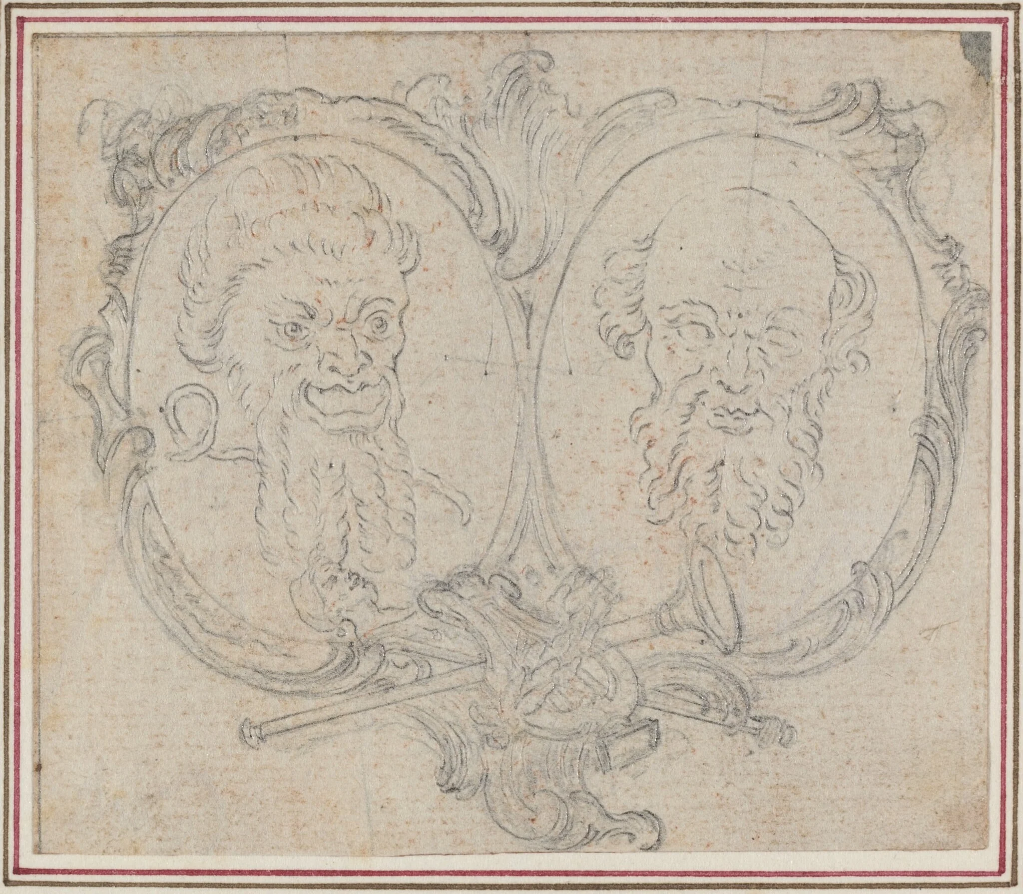 Double Cartouche with Two Heads and Symbols of Fame and Folly, detail