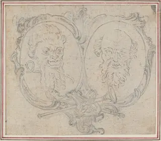 Double Cartouche with Two Heads and Symbols of Fame and Folly, by Hubert François Gravelot, graphite, 1736