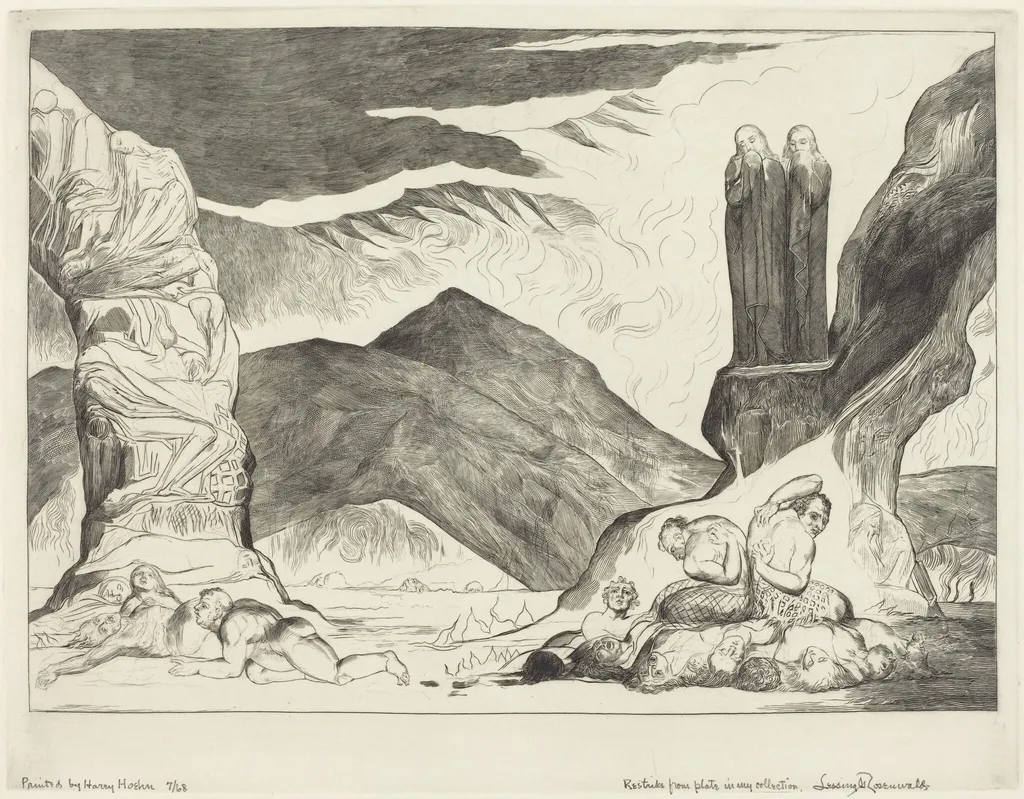 The Circle of the Falsifiers; Dante and Virgil Covering their Noses because of the stench, by William Blake, ink, 1827