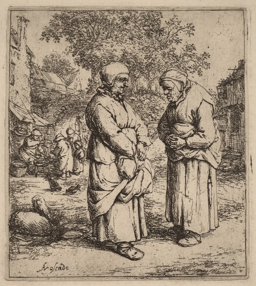 Two Peasant Women Conversing on a Village Street, by Adriaen van Ostade, ink, 1652