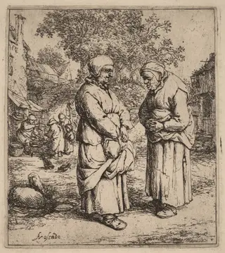 Two Peasant Women Conversing on a Village Street, by Adriaen van Ostade, ink, 1652