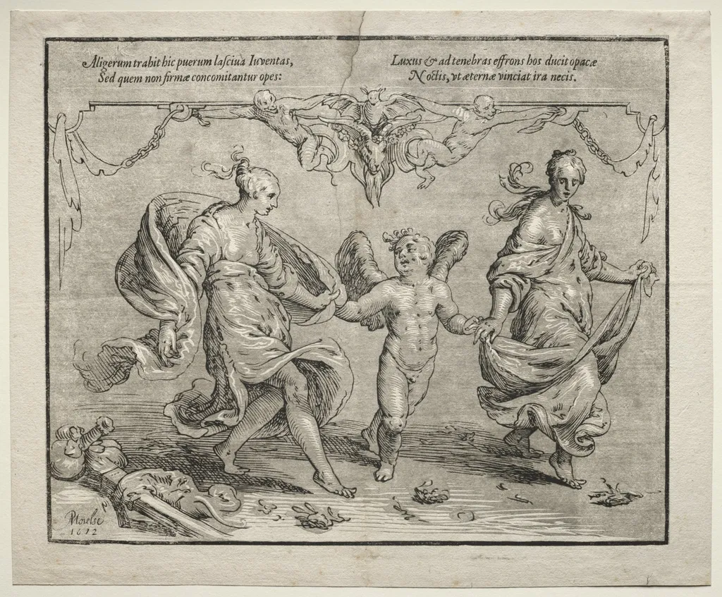 Cupid dancing with two allegorical women, by Paulus Moreelse, 1612