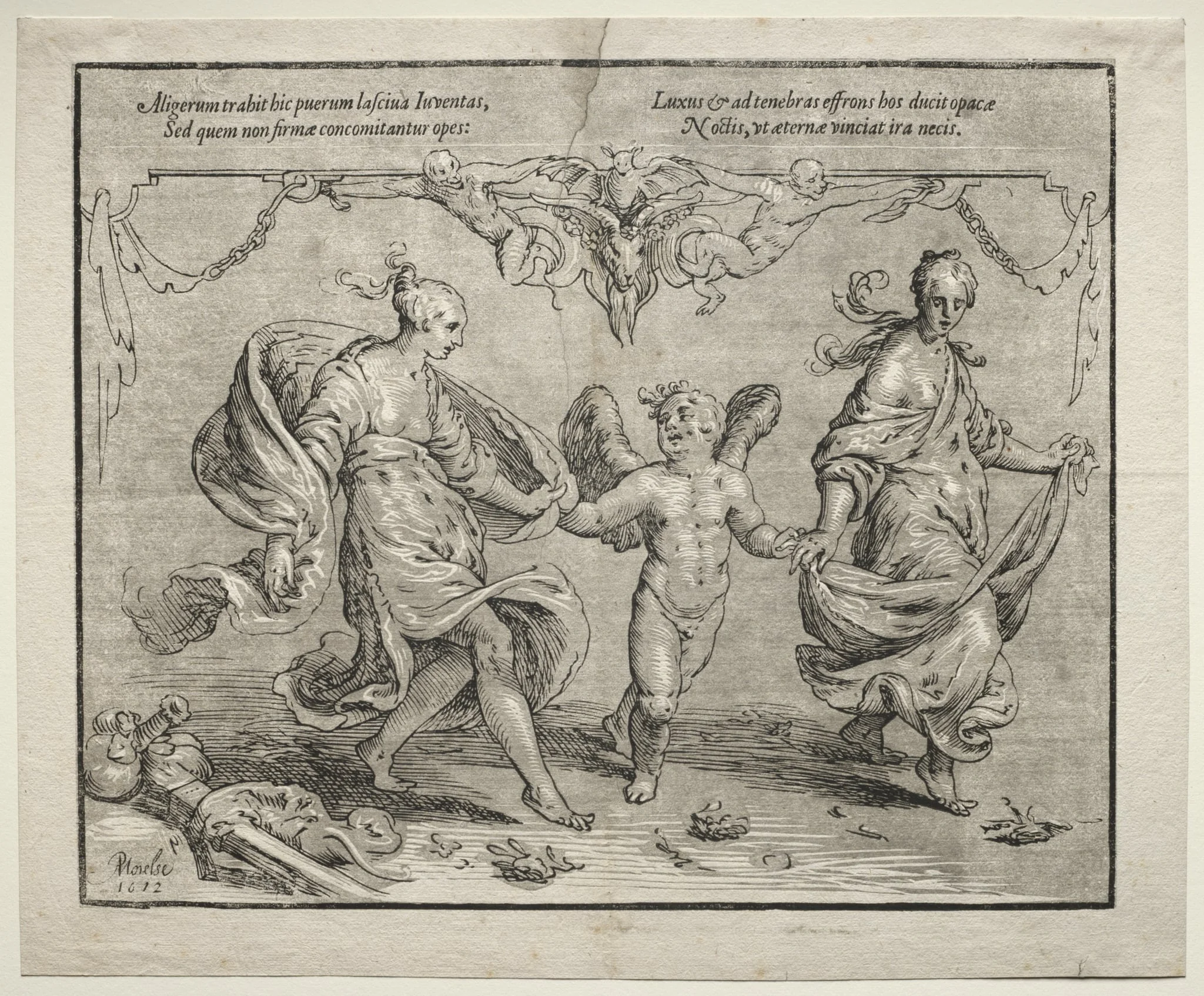 Cupid dancing with two allegorical women, detail