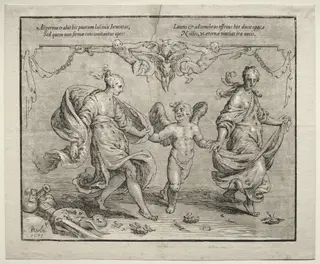 Cupid dancing with two allegorical women, by Paulus Moreelse, 1612