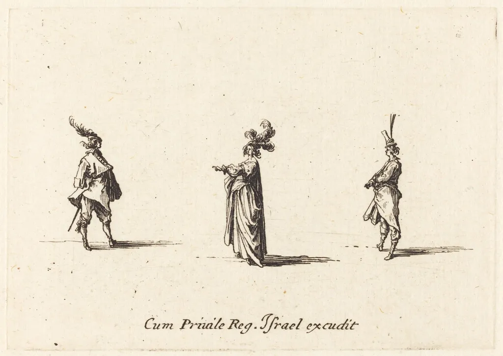 Lady with Plumed Hat, and Two Gentlemen, by Jacques Callot, ink, 1634