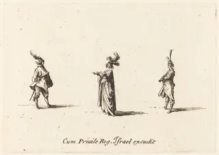 Lady with Plumed Hat, and Two Gentlemen, by Jacques Callot, ink, 1634
