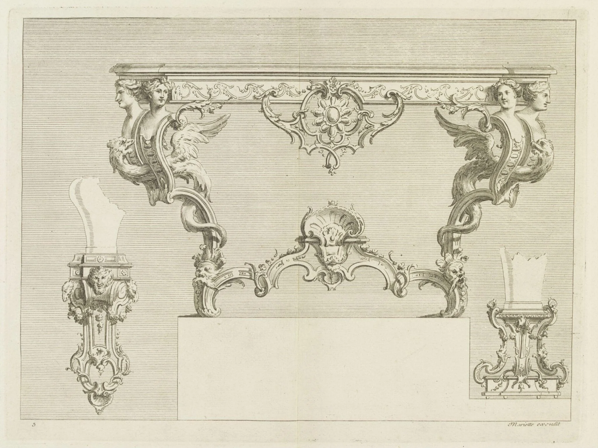 Nouveaux Desseins de Pieds de Tables et de Vases et Consoles de sculpture en bois Inventes par le sieur Pineau sculpteur, detail