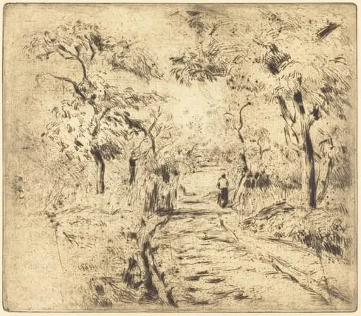 In the Fields at Ennery (Dans les champs, a Ennery), by Camille Pissarro, ink, 1875