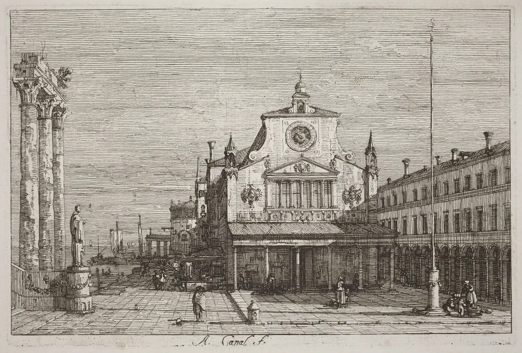 Imaginary View of S. Giacomo di Rialto [upper right], by Canaletto, ink, 1740