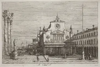 Imaginary View of S. Giacomo di Rialto [upper right], by Canaletto, ink, 1740