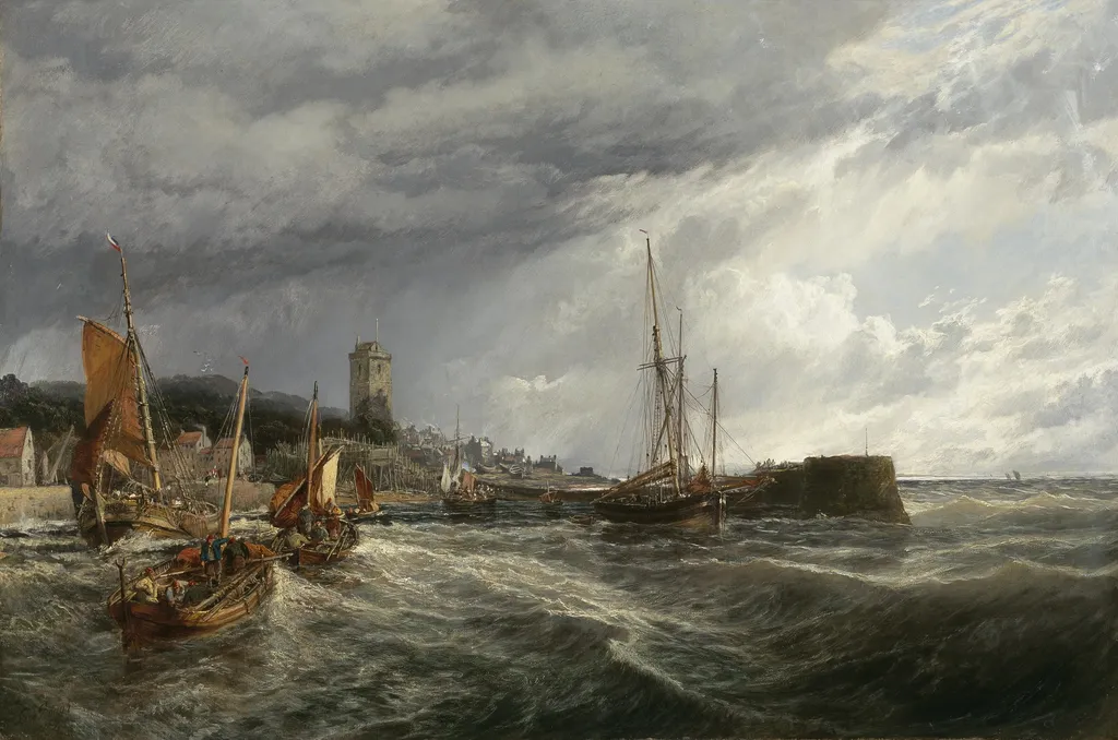 Fishing Boats Running Into Port: Dysart Harbour, by Samuel Bough, oil, 1854