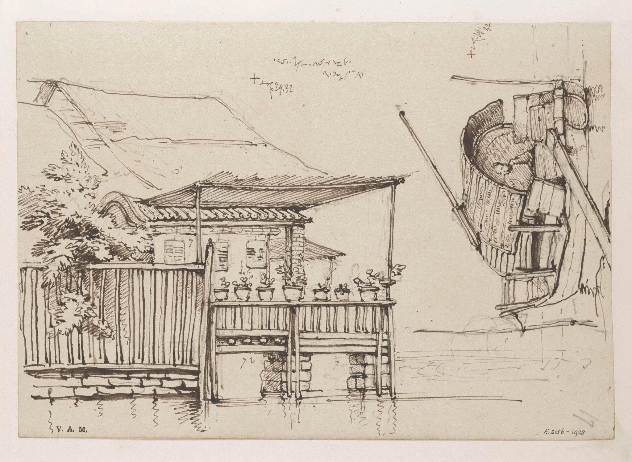 A waterside house with potted plants along its balcony, and a Tanka boat, detail