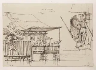 A waterside house with potted plants along its balcony, and a Tanka boat, by George Chinnery, 20