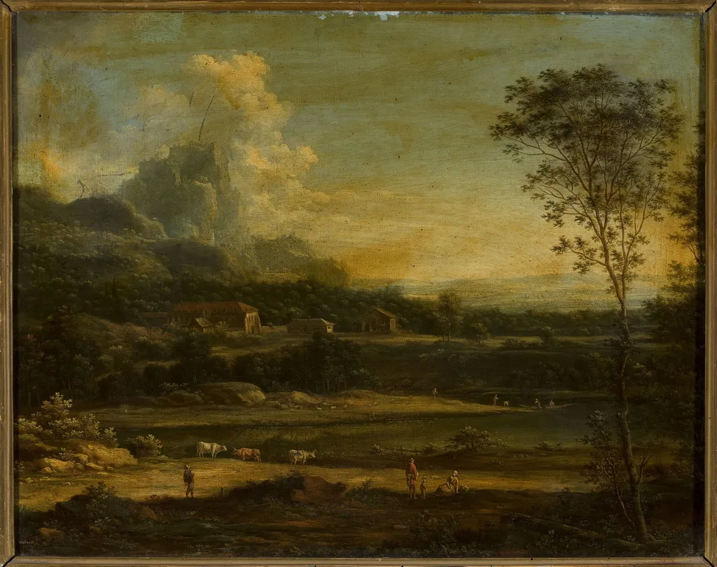 Mountain landscape with a lake and buildings, by Johann Christian Vollerdt, oil, 1764
