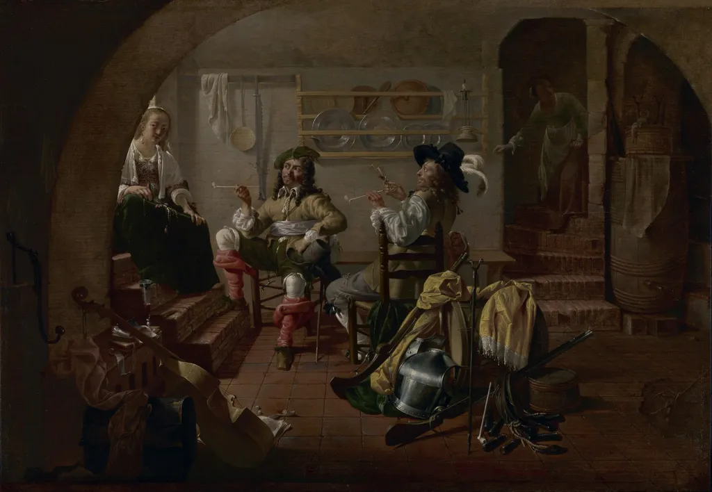 Interior with Soldiers and Women, by Jacob Duck, oil, 1650