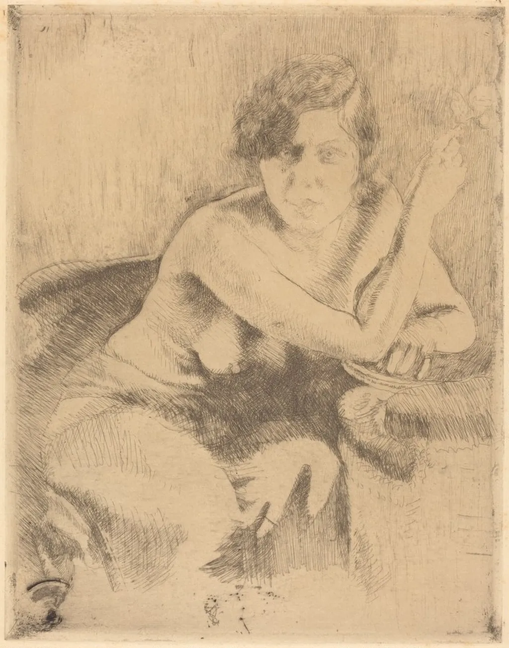 Seated Nude with a Cigarette, by Albert Besnard, ink, 1892