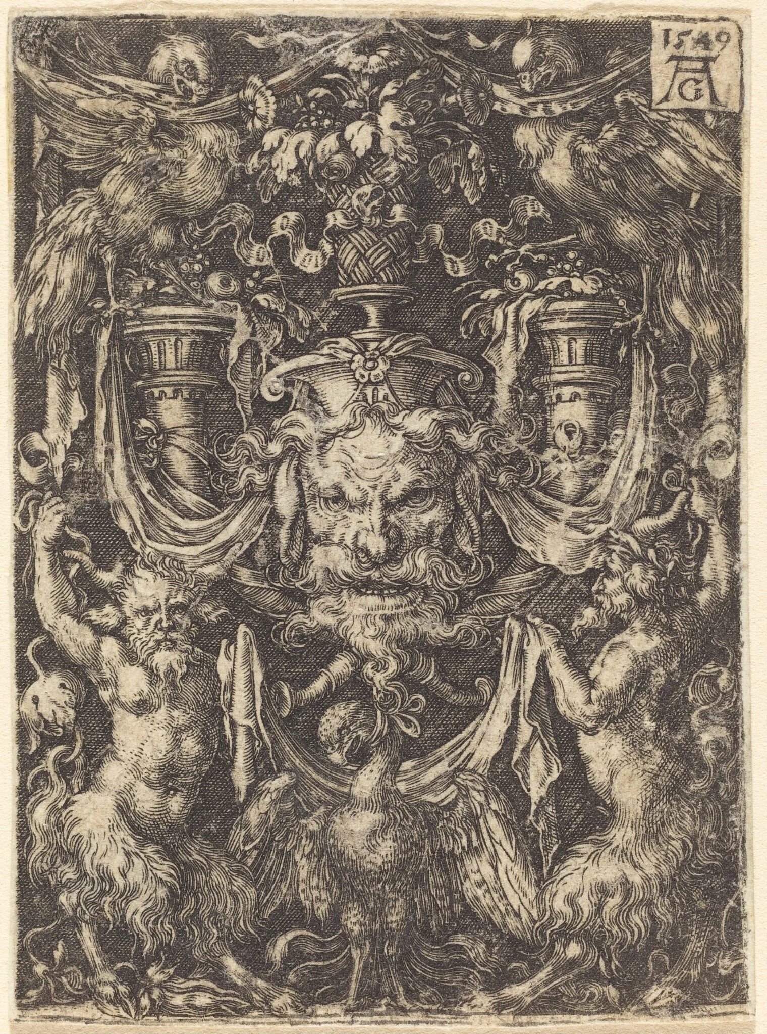Ornament with Mask, Eagle between Satyrs Below, detail