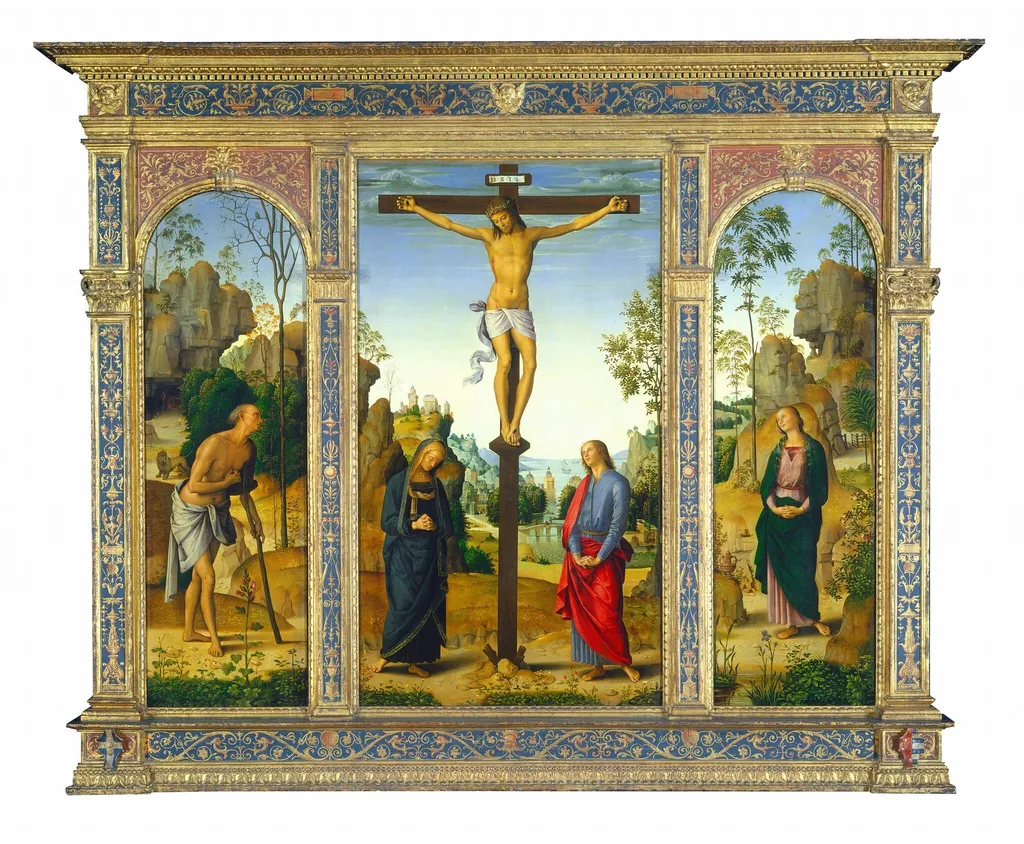 The Crucifixion with the Virgin, Saint John, Saint Jerome, and Saint Mary Magdalene, by Pietro Perugino, tempera, 1484