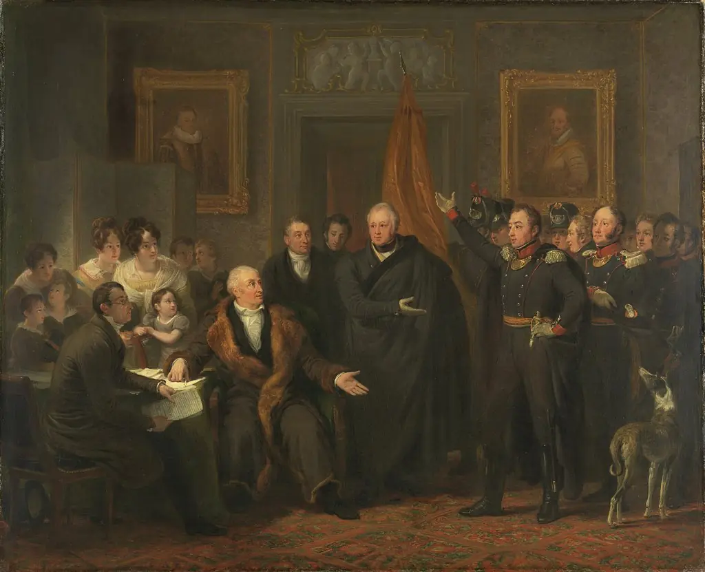 Triumvirate Assuming Power in the Name of the Prince of Orange, 21 November 1813, by Jan Willem Pieneman, oil, 1828