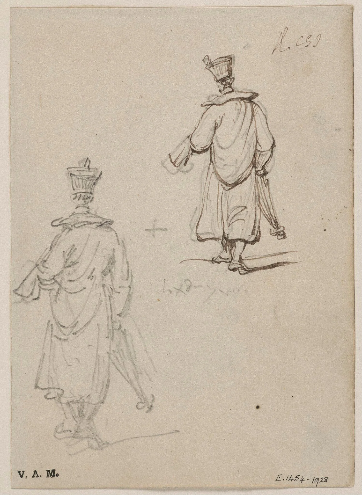 Two drawings of a priest seen from behind, detail