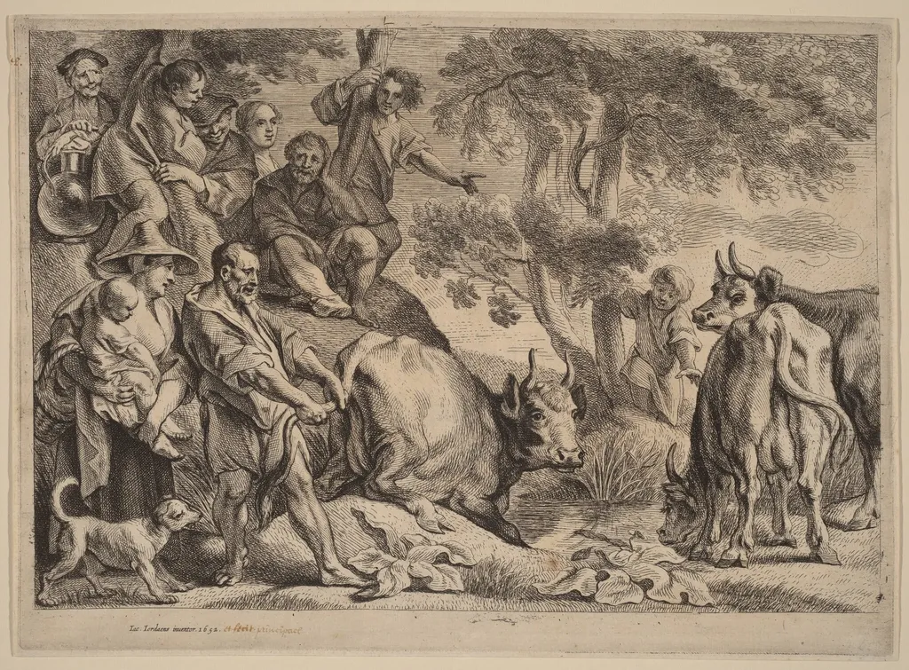 Thus the Master Pulls the Cow out of the Well by its Tail, by Remoldus Eynhoudts, ink, 1652