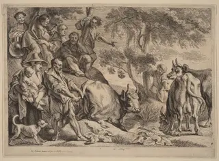 Thus the Master Pulls the Cow out of the Well by its Tail, by Remoldus Eynhoudts, ink, 1652