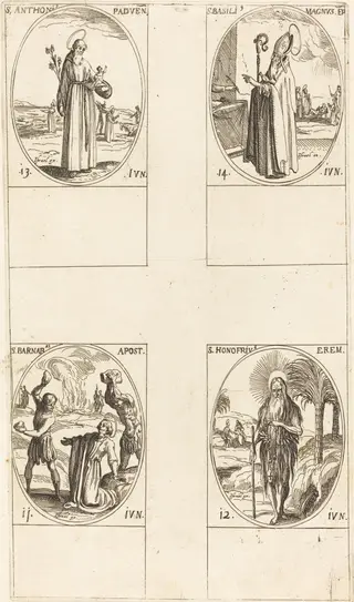 St. Barnabas, Apostle; St. Honofrius; St. Anthony of Padua; St. Basil the Great, by Jacques Callot, ink, 1634
