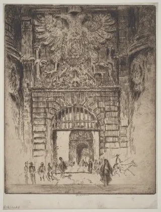 Puerta Visagara, Gate of Madrid, Toledo, by Joseph Pennell, ink, 1904