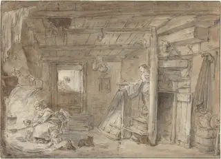 Interior of a Farmhouse with Figures, by Hubert Robert, ink, 1701
