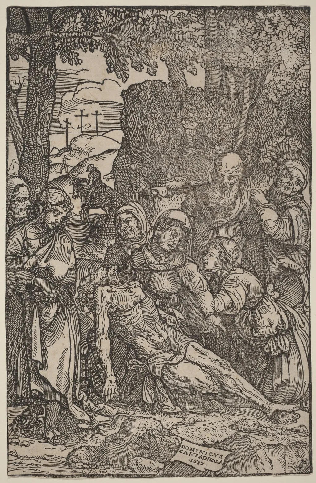 Lamentation of Christ, by Domenico Campagnola, ink, 1517