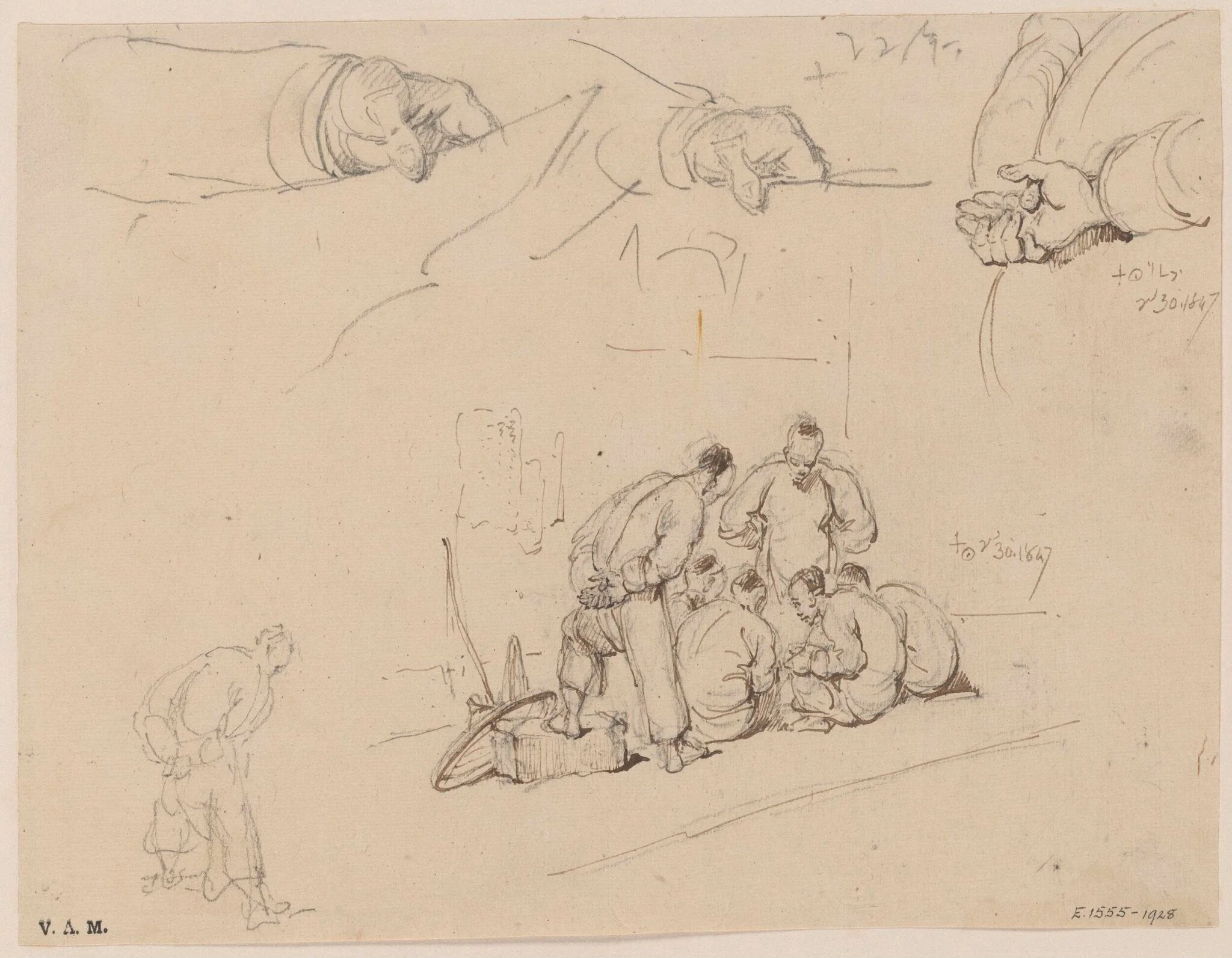 Drawings of a group of Chinese men, clasped hands, and a hand holding paper, detail