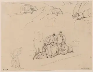 Drawings of a group of Chinese men, clasped hands, and a hand holding paper, by George Chinnery, 1847