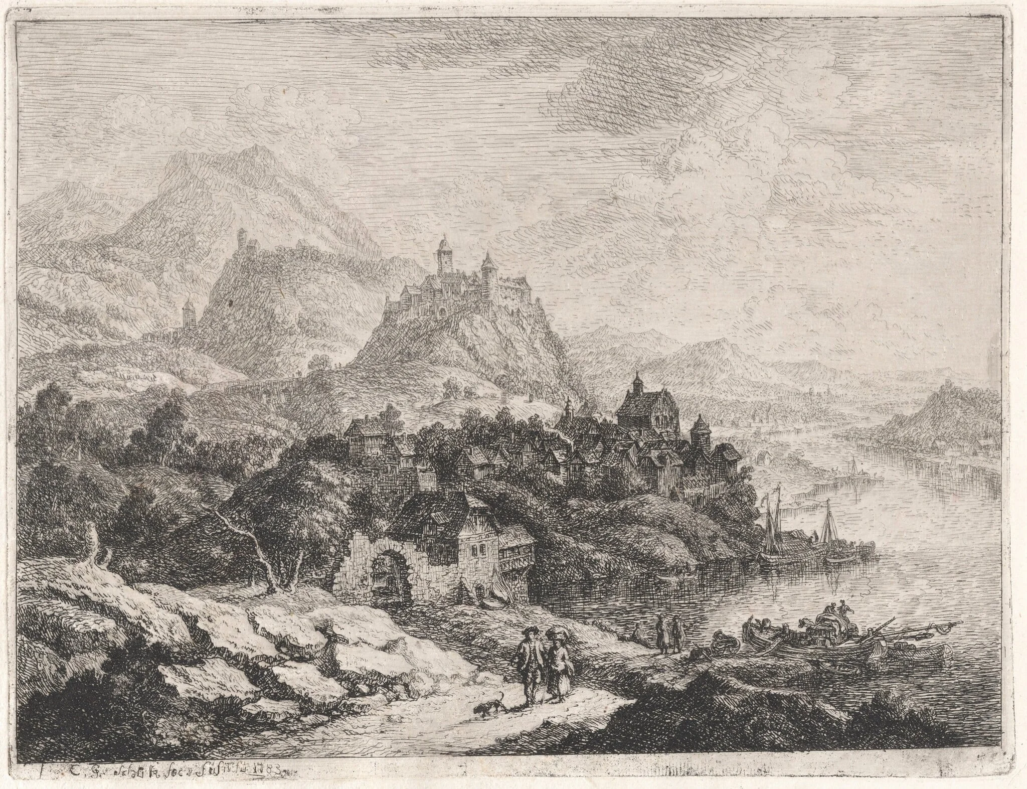 A Wide Riverscape with a View of Heidelberg Castle, detail