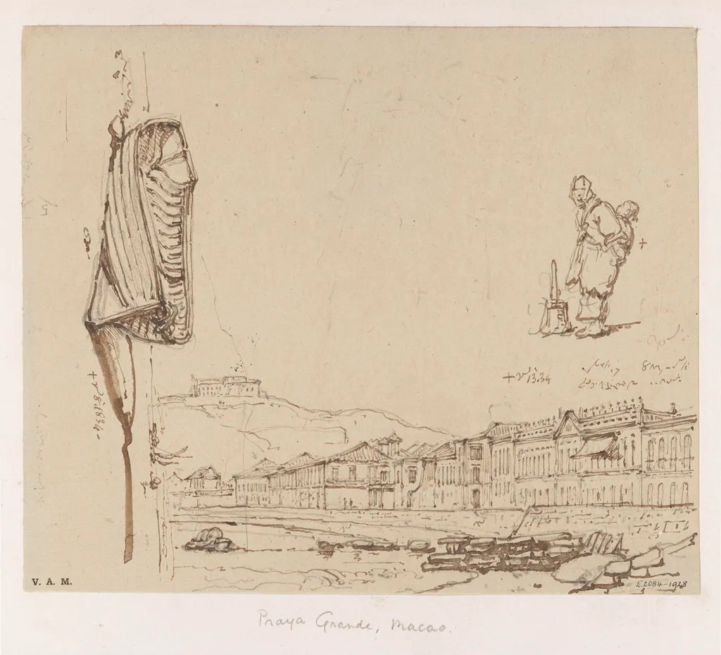 The Praya Grande, Macau, with studies of a boatwoman and a rowing boat, by George Chinnery, 6