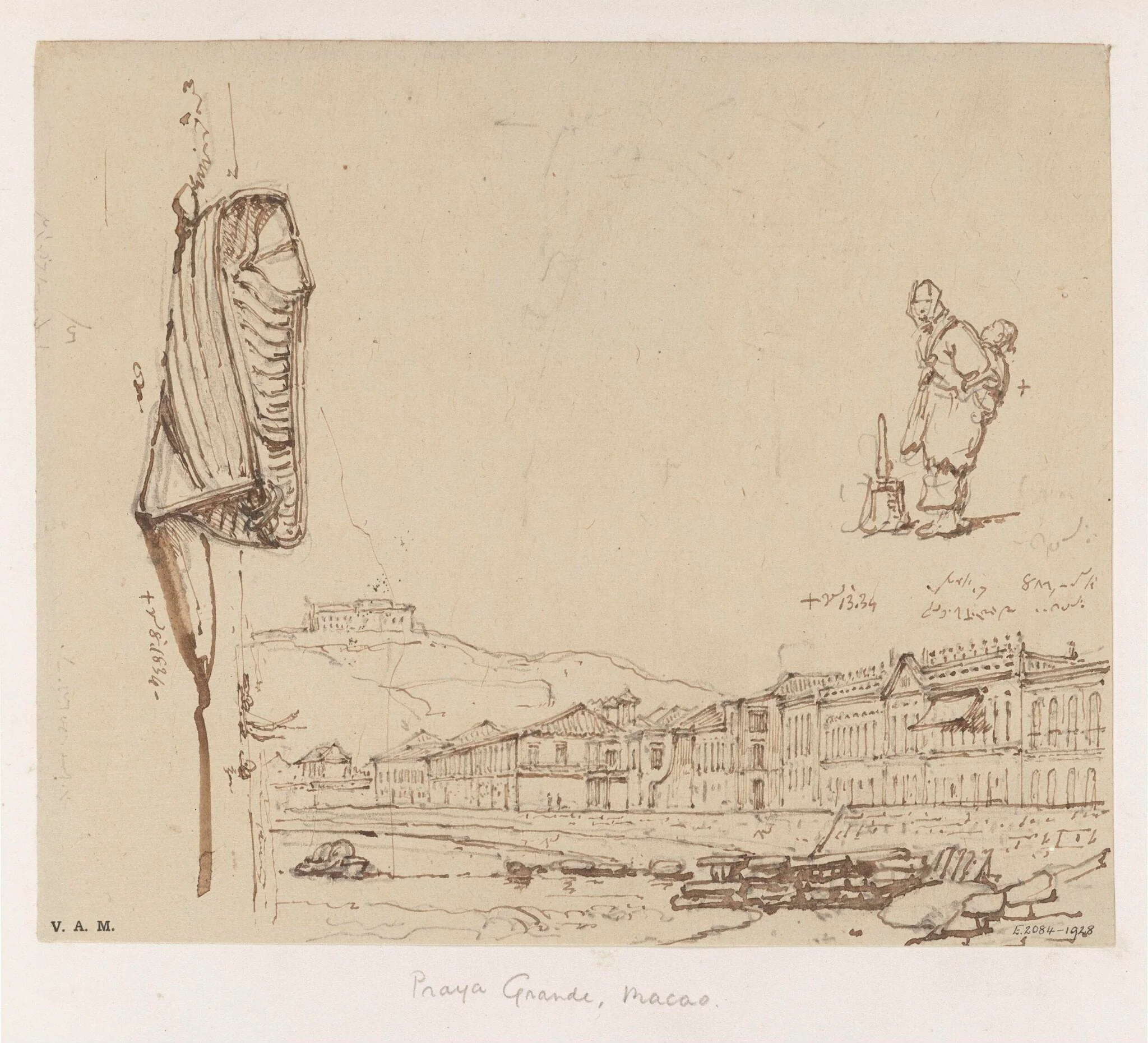 The Praya Grande, Macau, with studies of a boatwoman and a rowing boat, detail