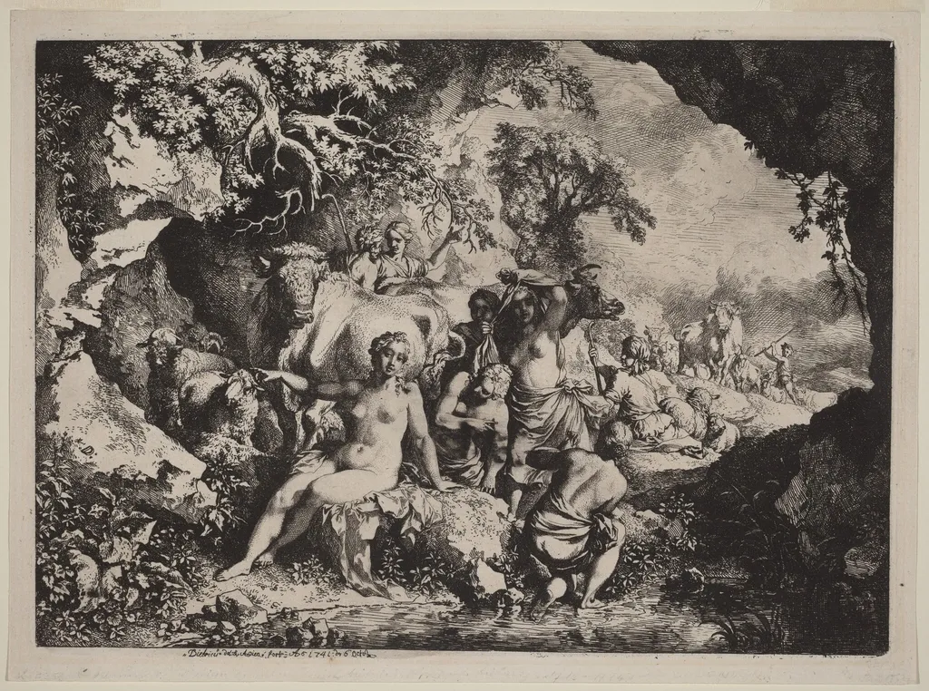 Nymphs Bathing in a Cave, by Christian Wilhelm Ernst Dietrich, ink, 1741