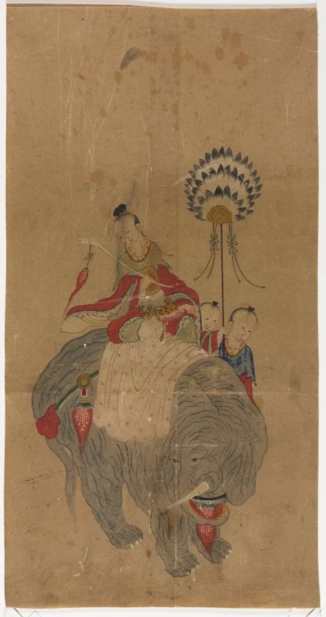 Samantabhadra on an Elephant with Two Attendants, detail