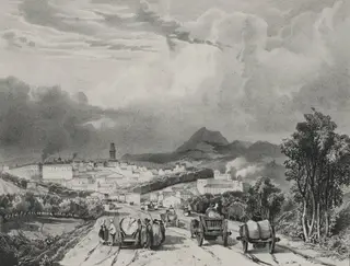 Vue generale de Riom, Auvergne, by Adrien Dauzats, 1829